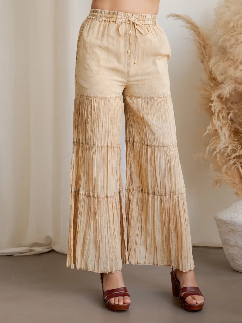 Young threads Women High-Waist Tiered Linen Wide-Leg Drawstring Pants -New